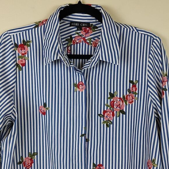 Boho Chic Striped Button Front 3/4 Sleeve Blouse Top with Floral Embroidery - Picture 6 of 10